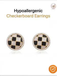 Hypoallergenic Black & White Checkerboard Stud Earrings for Women, Gold-Plated Enamel with Beaded Edging, for Daily Party Date Office & Wedding, Ideal Birthday Valentine's Anniversary Mother's Day Christmas Gift for Girlfriend Mom Bestie.
