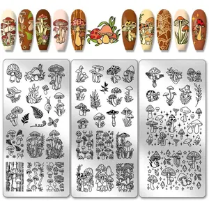 3pcs Mushroom Nail Art Templates, 46 Patterns Plant Theme Nail Stamping Plate Leaves Bush Nail Art Stencils Stainless Steel Plates for Nail Design Print Manicure Salon