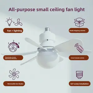 Screw-in restaurant fan light bulb with detachable fan blades, silent, smart remote control, three-speed adjustment, three-color dimming ceiling fan light