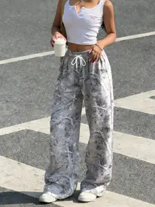 Women's Vintage Street Style Camo Knit Loose Sports Pants, Drawstring Waist, All Seasons Comfortable Casual Long Pants