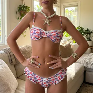 Women Cute 2pcs Bikini Set Ruffled hem Floral  swimsuits Bra +briefs Fashion Beachwear Holiday Swim Party