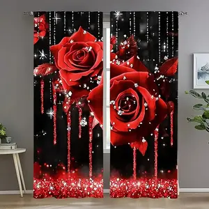 Valentine's Day Rose Curtains with Shiny Crystals, Easy to Use, 100% Polyester, Lightweight, Perfect for Living Room, Gift for Lover, Window Curtain