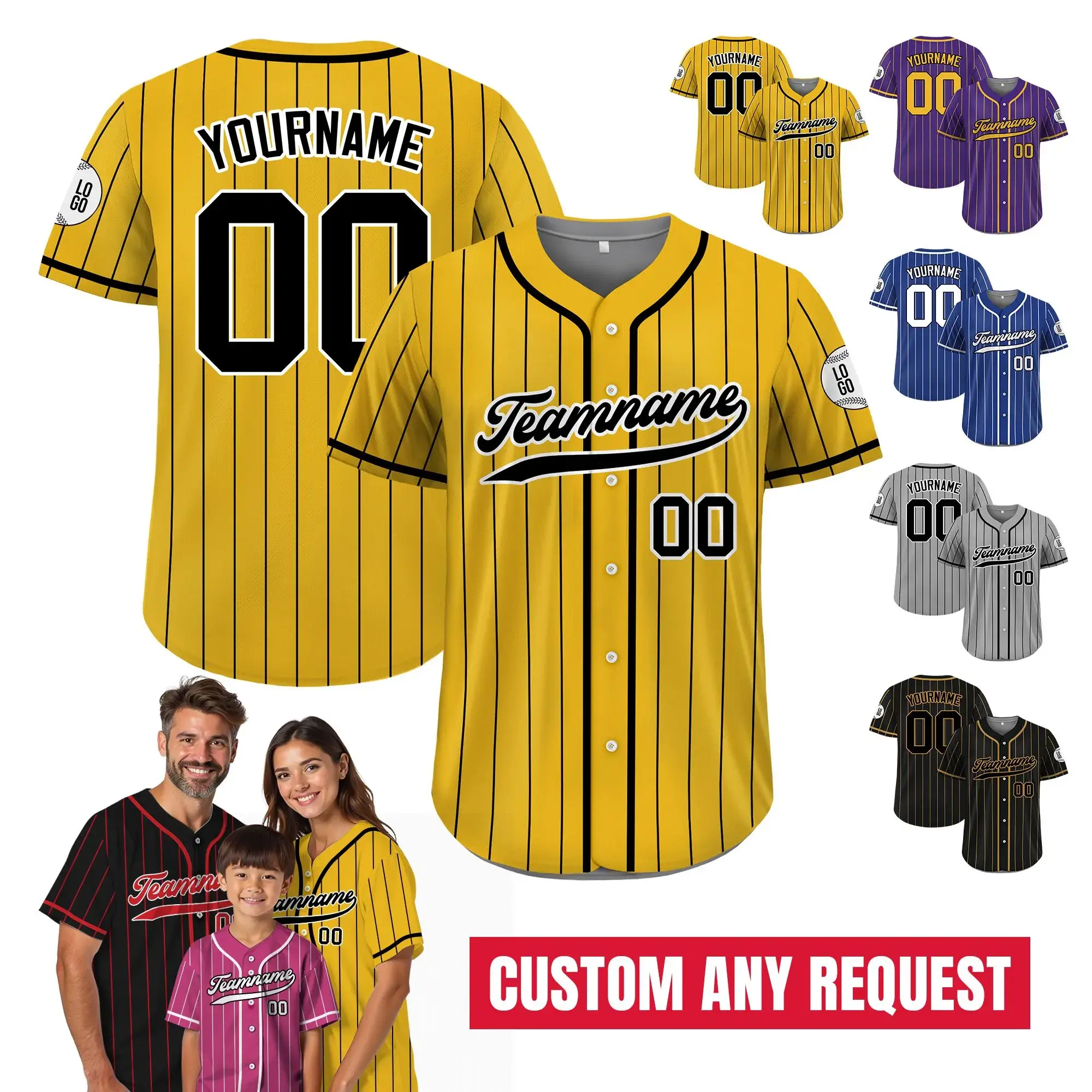 Custom Baseball Jersey with Teamname Name Number, Jersey for Men Women Youth, Personalized Pinstripe Yellow Black Button Down Jersey