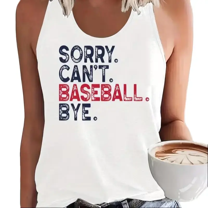 Women's Sporty Racerback Baseball Fan Vest - Polyester Fabric, "Sorry.Can’t.Baseball.Bye."Quote Design, Sports Tank Tops, Game Day Outfit, Casual Women's Clothing, Summer/Vacation/Beach Outfits, Practice, Bold Slogan Graphic Women's Tanks & Camis