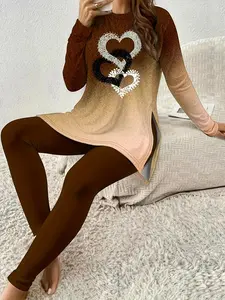 Two-piece Set Women's Long Sleeve Split Hem Fitted Top & Skinny Pants, Casual Fashion Cozy Top & Trousers for Daily Outdoor Wear, Women's Clothing for Spring & Fall, Womenswear