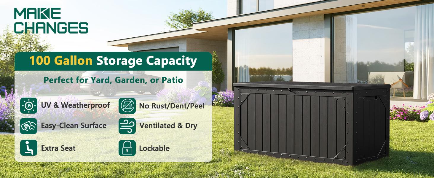 100 Gallon Outdoor Deck Storage Box -Waterproof Resin Deck Box for Patio Cushions & Gardening Tools, Lockable & UV Resistant, Handles for Patio, Garden, Yard - Weatherproof#Summervibes