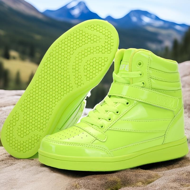 Women's Vibrant Neon Green High-Top Sneakers - Retro 80s Style, Faux Cover, Removable Insole, Hook & Loop Closure, Casual Tennis Shoes for All Seasons, Casual Footwear | Trendy Footwear | Laceup Closure