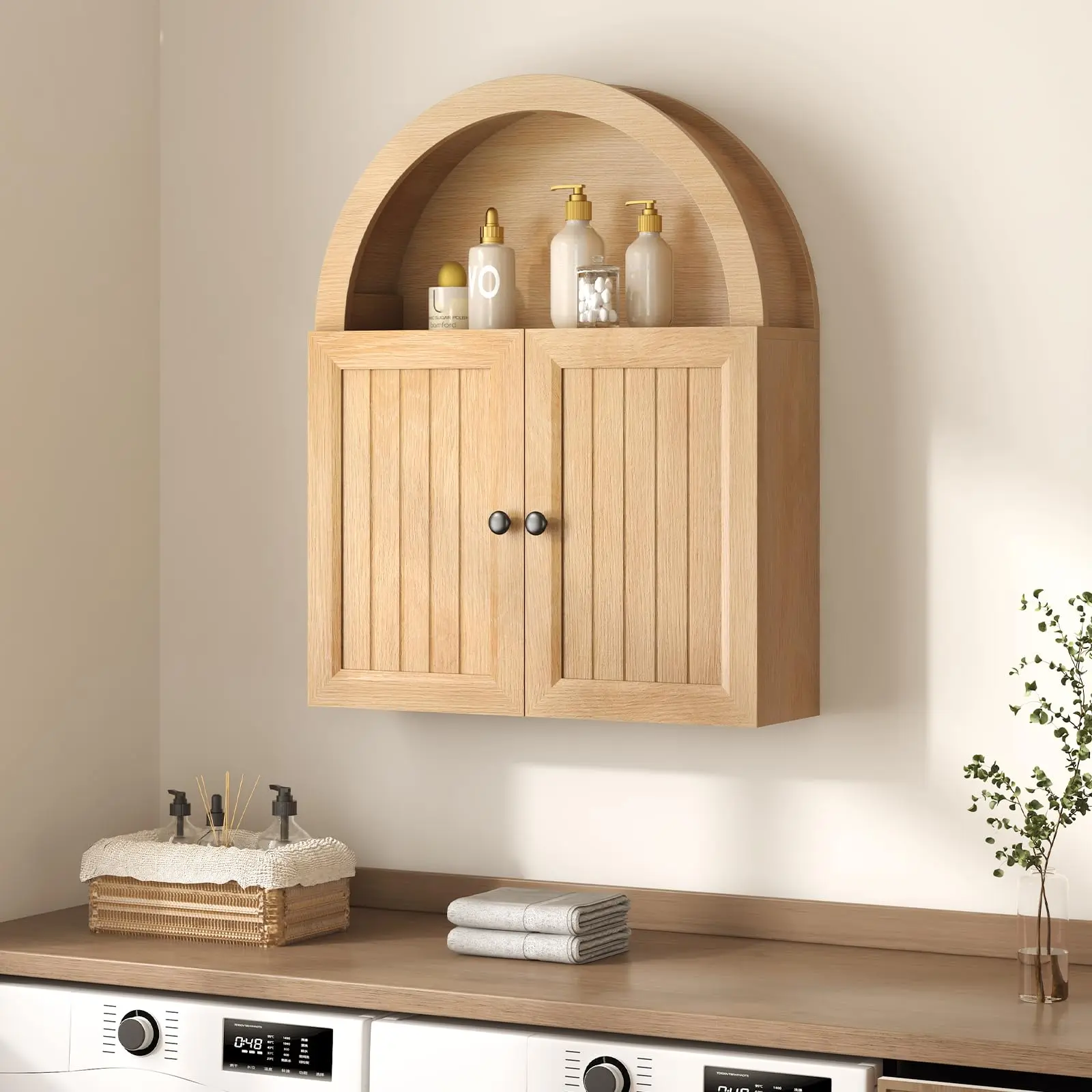 30" Oak Farmhouse Arched Wall Cabinet - Over-The-Toilet Storage Organizer with Grille Door & Adjustable Shelves, Wall-Mounted Bathroom Furniture for Laundry, Kitchen, Adjustable Shelves Bathroom Furniture