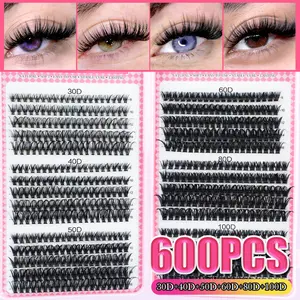 600 sets of clustered false eyelashes, Eyelash clusters, 30D/40D/50D/60D mixed with a curl of 0.07 mm, 8-16 mm, suitable for beginners with 3D Russian curl style, reusable home products, no foreign body sensation