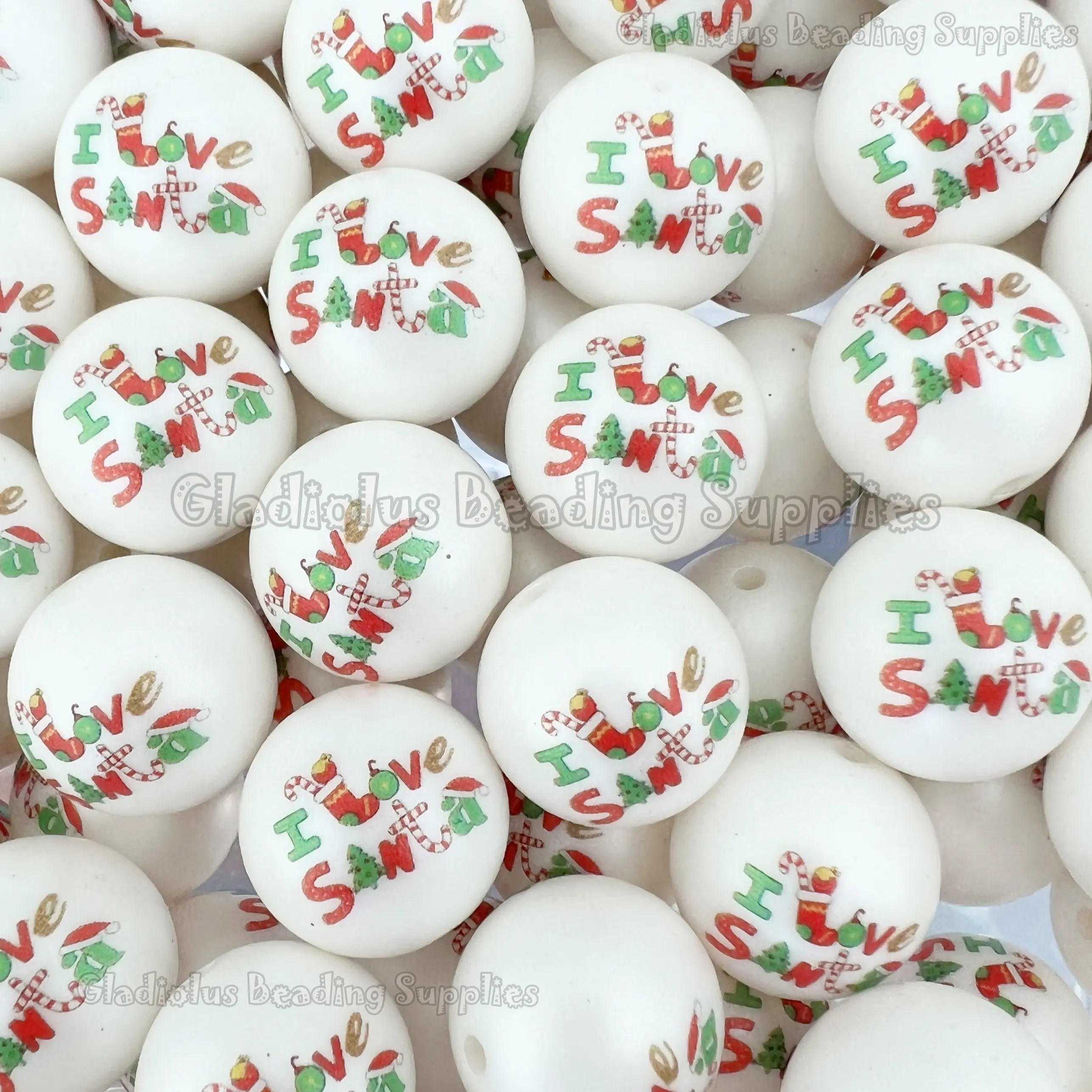 20mm I love santa, Christmas Print Acrylic Bead, Christmas Beads, Bubblegum, Chunky Round, Gumball, Beading Supplies, Christmas big beads, Merry Christmas, Santa Beads