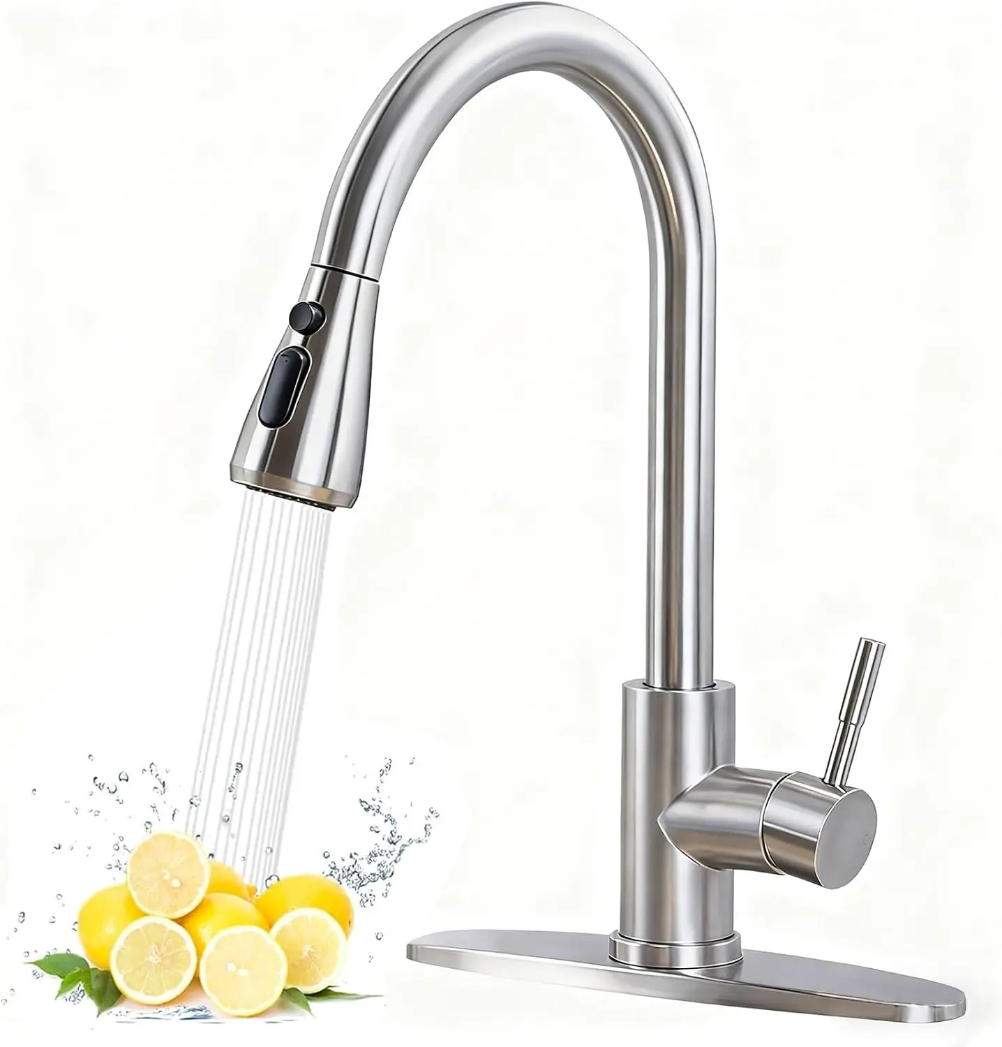 Kitchen Faucet with Pull Down Sprayer, Brushed Nickel Stainless Steel High Arc Single Handle Sink Faucets with Deck Plate for 1 or 3 Hole, Suitable for Farmhouse Camper Laundry Rv Bar