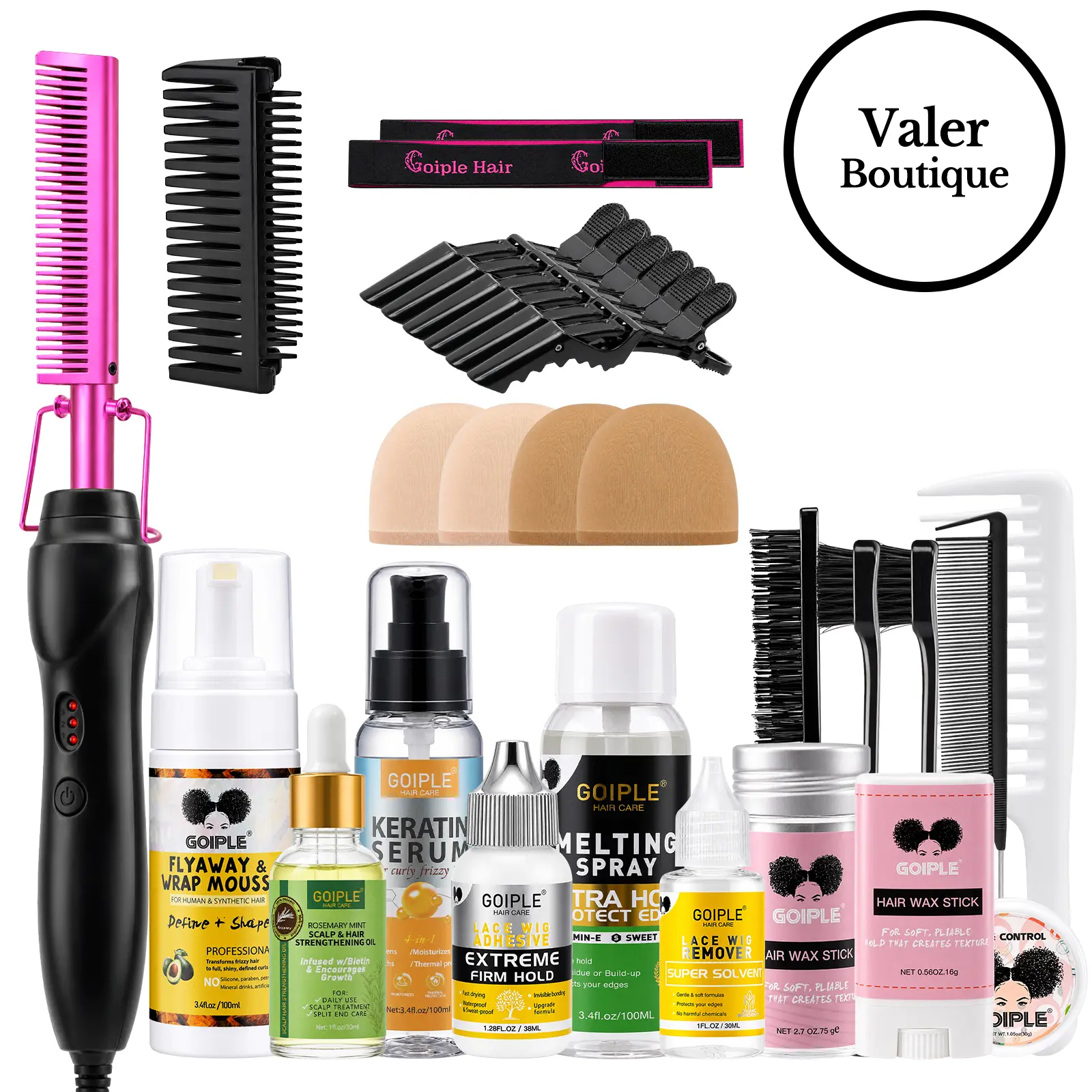 Goiple 19 piece Limited Time Holiday Hair Styling Bundle-Electric Hot Comb and Straightener Kit for Natural Black Hair with Dual Voltage Curling Iron Hair Wax Set Must Have Styling Tools for Christmas Gifts,valentine's day gifts for her/him