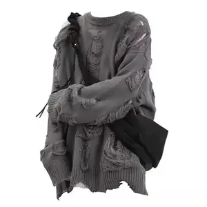 Long Sleeve Sweater Streetwear Men's Sweater Hip Hop Style Ripped Two-piece Design Knitted Round Neck Soft Warm Fall/winter