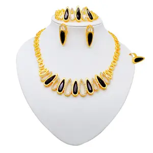 Elegant Gold Plated Jewelry Set with Colored Diamonds Necklace Earrings Bracelet Ring for Women's Wedding Dinner Gifts
