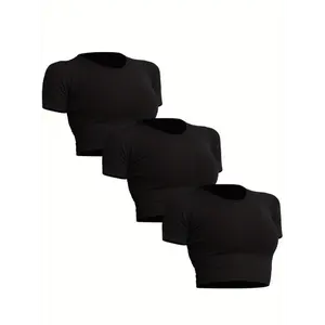 [Seamless Crop Top Sports] 3pcs Seamless Crop Top Sports Tees - High Stretch Nylon Blend for Yoga & Fitness - Short Sleeve