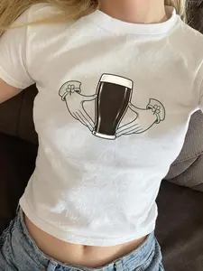 Women's Guinness Beer Claddagh Hands Cropped Casual Streetwear T-Shirt - Fitted Short Sleeve Crop Top, Stretchy St. Patrick's Day Top for Women, White