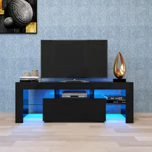 Black TV Stand with LED RGB Lights Flat Screen TV Cabinet for Gaming Consoles in Lounge Room Living Room and Bedroom 130x35x45cm Modern Design