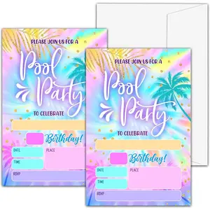 Pool Party Birthday Invitations for Girls Boys, Tie Dye Fill-In Invitation Cards, Summer Birthday Party Favor Supplies, 20 Invites With 20 Envelopes -A08