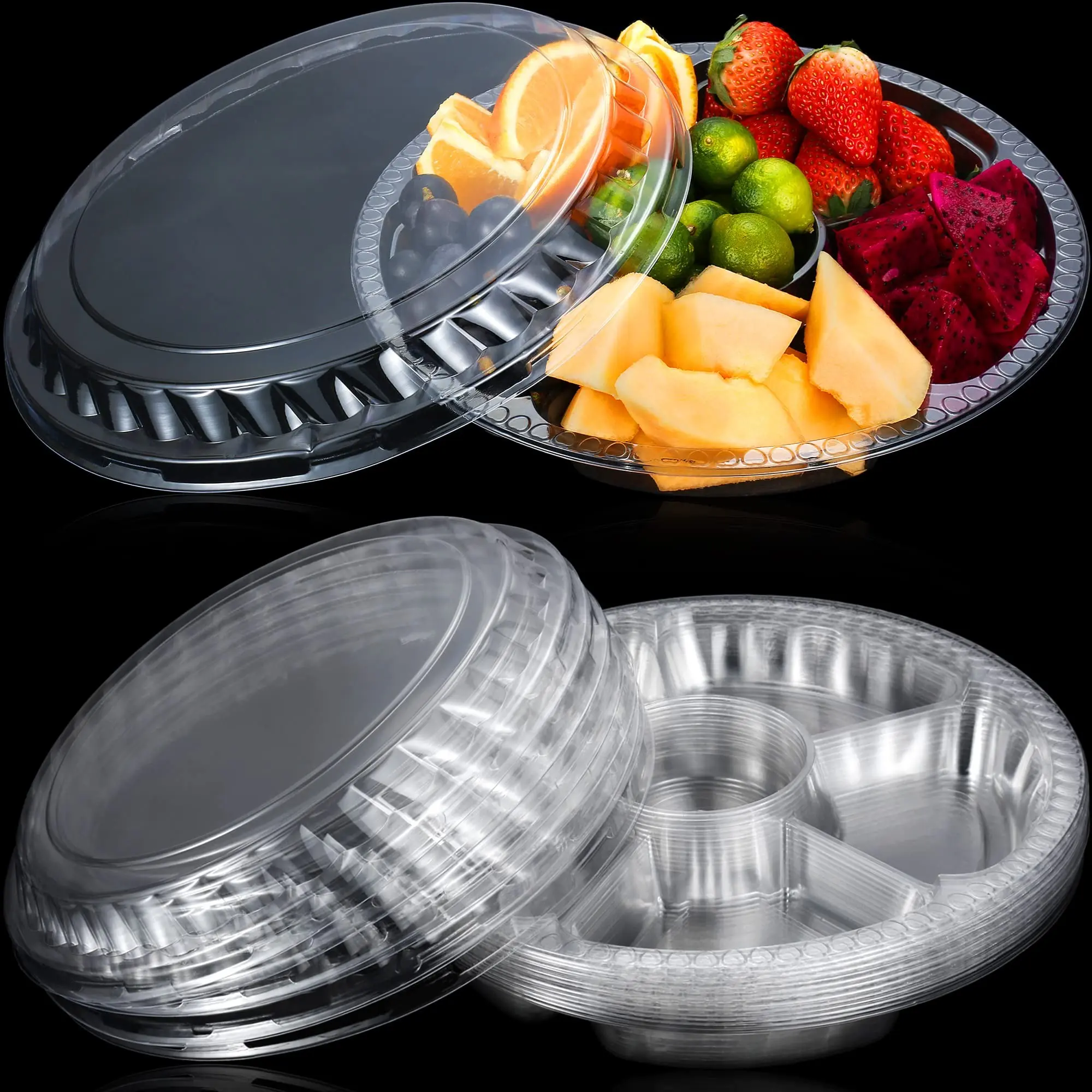 12-Pack Round Plastic Vegetable Trays with Lid, 6 Compartment Food Tray, Reusable Salad Plate, Party Snack Serving Platter, Kitchen Food Storage Container (transparent), Leakproof Container, Leak Proof Containers