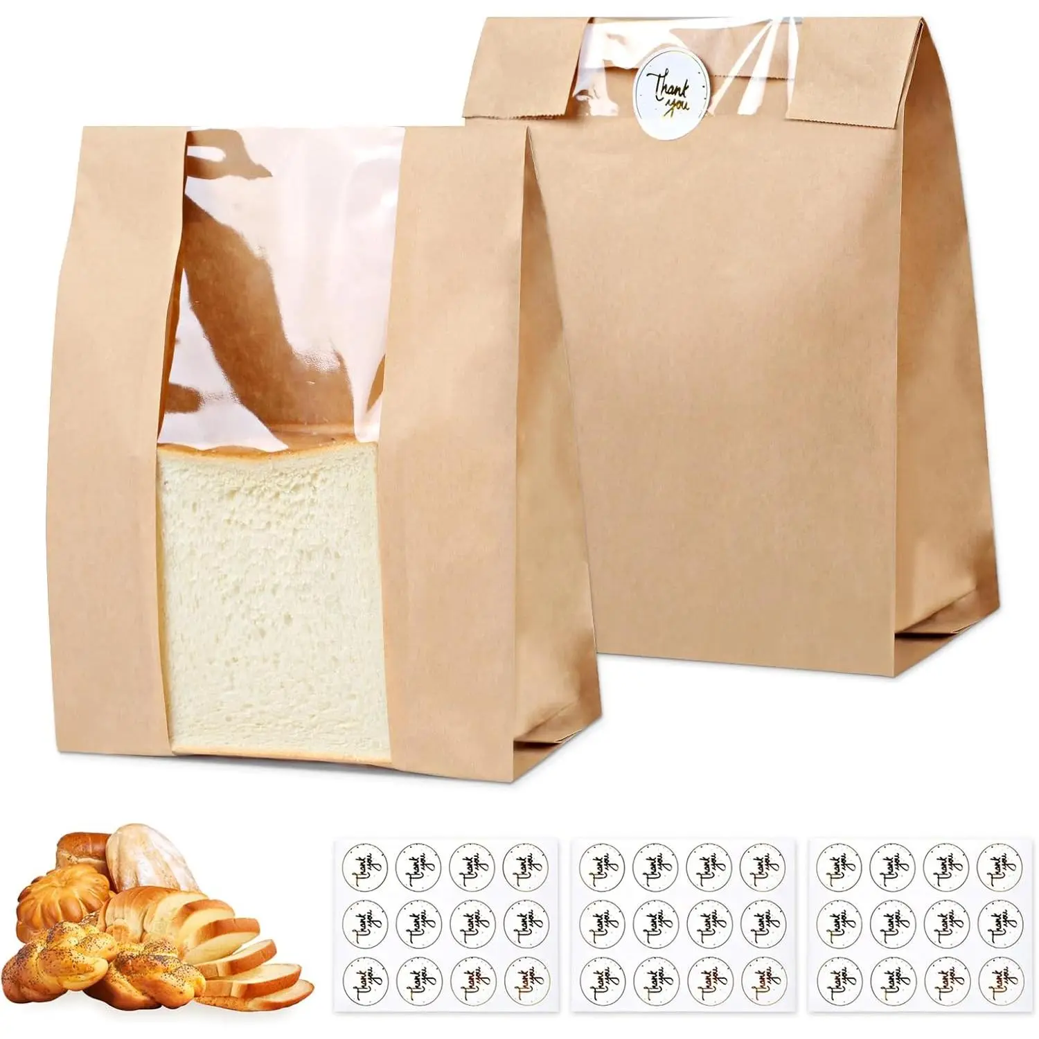 28 count Paper Bread Bags for Homemade, Sourdough Bakery Bags with Window, 12.4x8.3x3.3 Inches, Includes 36 Label Seal Stickers for Bread, Cookies & Snacks Storage