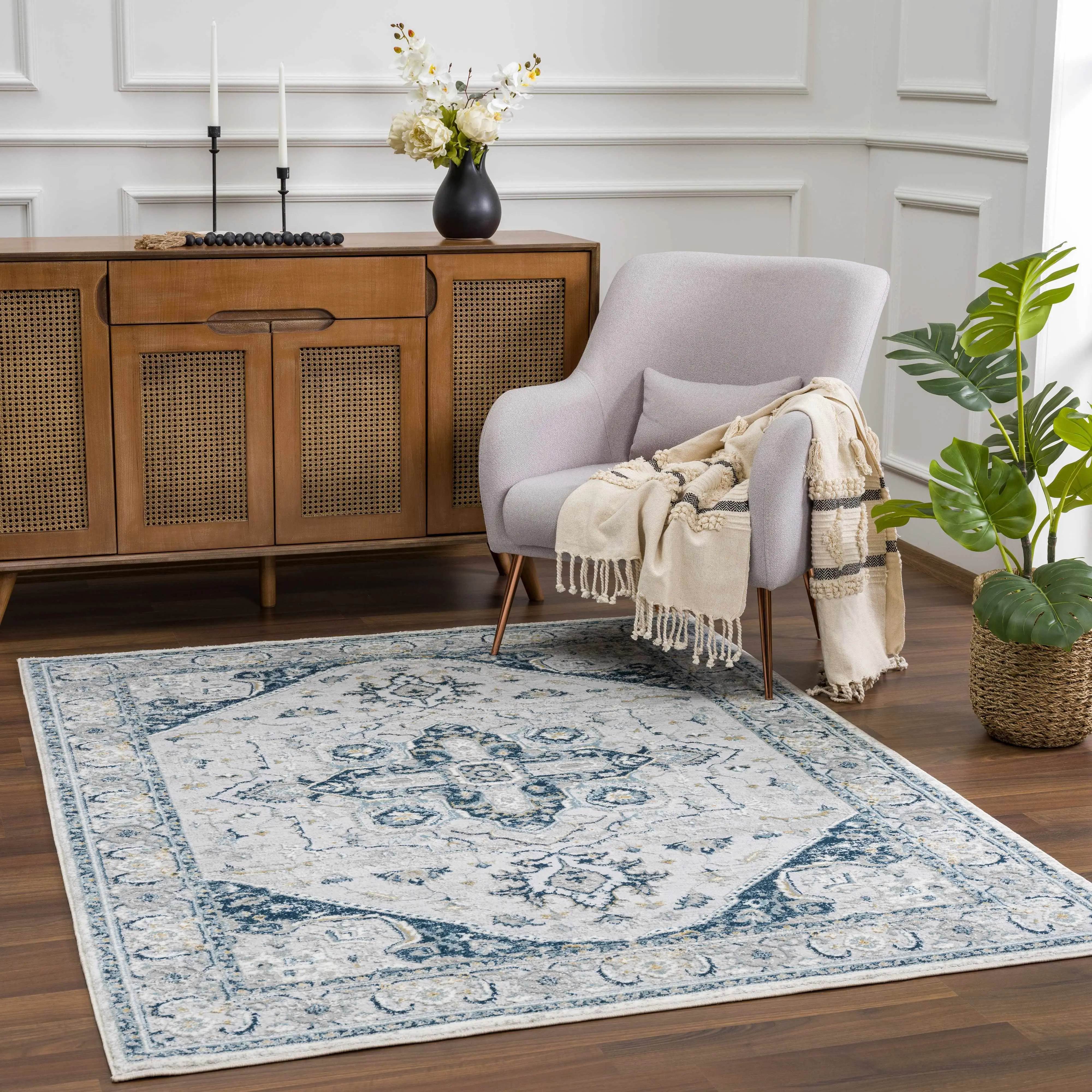 Liverpool Blue Traditional Woven Rectangle Home Decor Rug - Indoor Floor Use, Clearance
