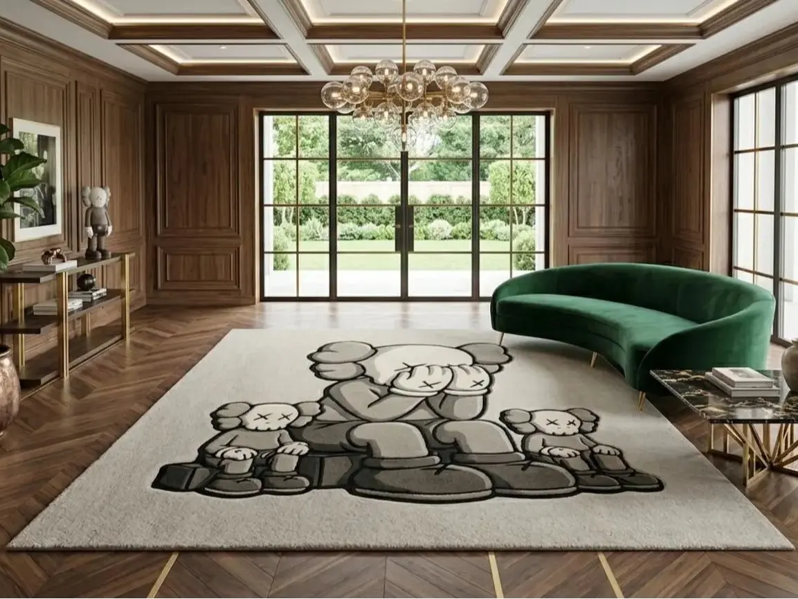 Large Hand-Tufted Wool KAWS Streetwear Art Area Rug, Maximalist Household Textile Decor