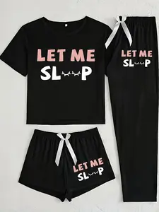 Women's Casual Letter Print Pajama Set, Three-Piece Sleepwear for All Seasons, Fitted Kint Fabric, Comfortable Nightwear