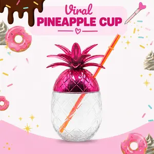 Pineapple Cup – 22oz Clear Summer Drink Cup with Pink Metallic Lid & Reusable Straw, Shatterproof, Tropical Beach Vibes, Perfect for Iced & Hot Drinks