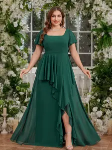 Elegant Plus Size Women's Square Neck Ruffle Hem Maxi Dress, High Slit Party Gown, Fitted Short Sleeve Formal Evening Prom Dress