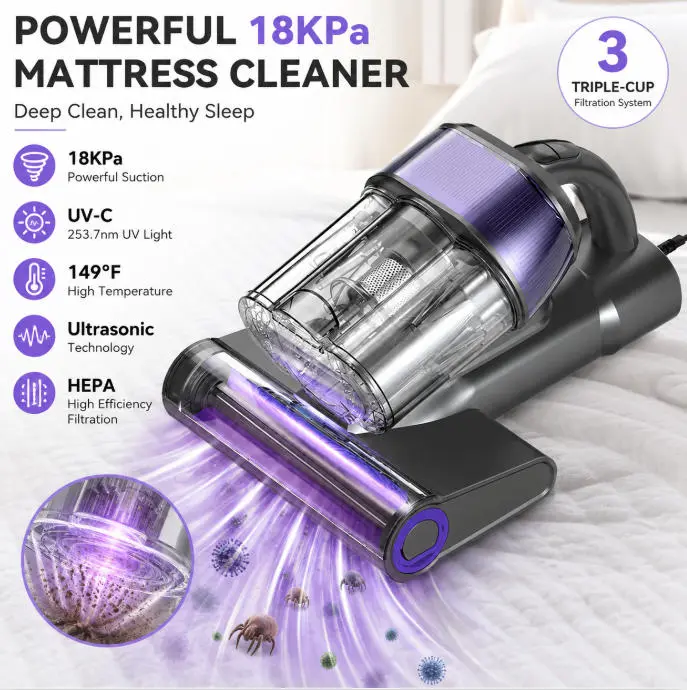 Bed Vacuum Cleaner with LED Display, 18KPa Mattress Vacuum Cleaner, 253.7nm UV-C Light, 149°F Heat, Ultrasonic Technology, HEPA Filtration, Triple Dust Cup, Handheld Dust Mite Vacuum for Bed, Sofa, Carpet & Pet Hair