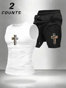Men's Casual Sleeveless Shirt Set Outfit with Faux Two-Piece Shorts, Comfortable Fabric, Perfect for Various Occasions, Stylish and Comfy Wear