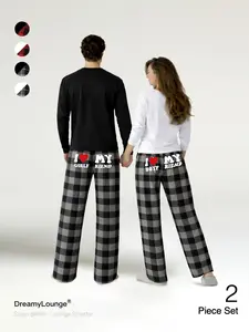 Valentine's Day 「2-Piece Set」Fun Slogan + Heart Print, Comfortable Breathable Long Sleeve Plaid Pants, Casual Home Wear for Men and Women