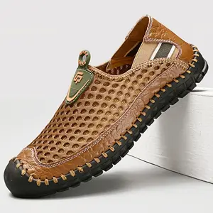 Men's Mesh Breathable Slip-On Loafers Lightweight Handmade Stitching Soft Bottom Flat for Outdoor Walking Driving Water Slipon Design