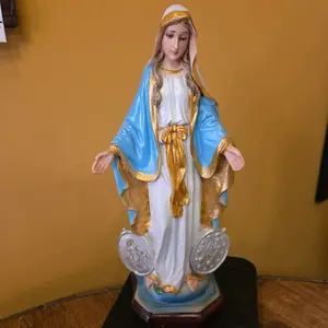 Virgen de la Medalla Milagrosa Statue with Blue and Gold Robes and Silver Medals for Home Decor