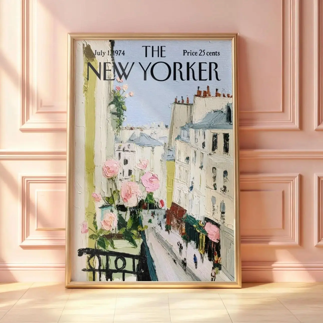 Vintage Paris Balcony Poster, Pink Roses Street View Wall Art, French Rooftop Print