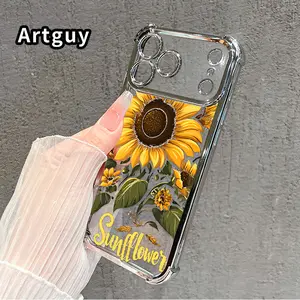 Compatible with iPhone 17 Pro Max 16 15 Plus Air 14 13 12 11 E Phone Case Sunflower Field Four-Corner Drop-Resistant Electroplated Transparent TPU Soft Protective Cover Gift