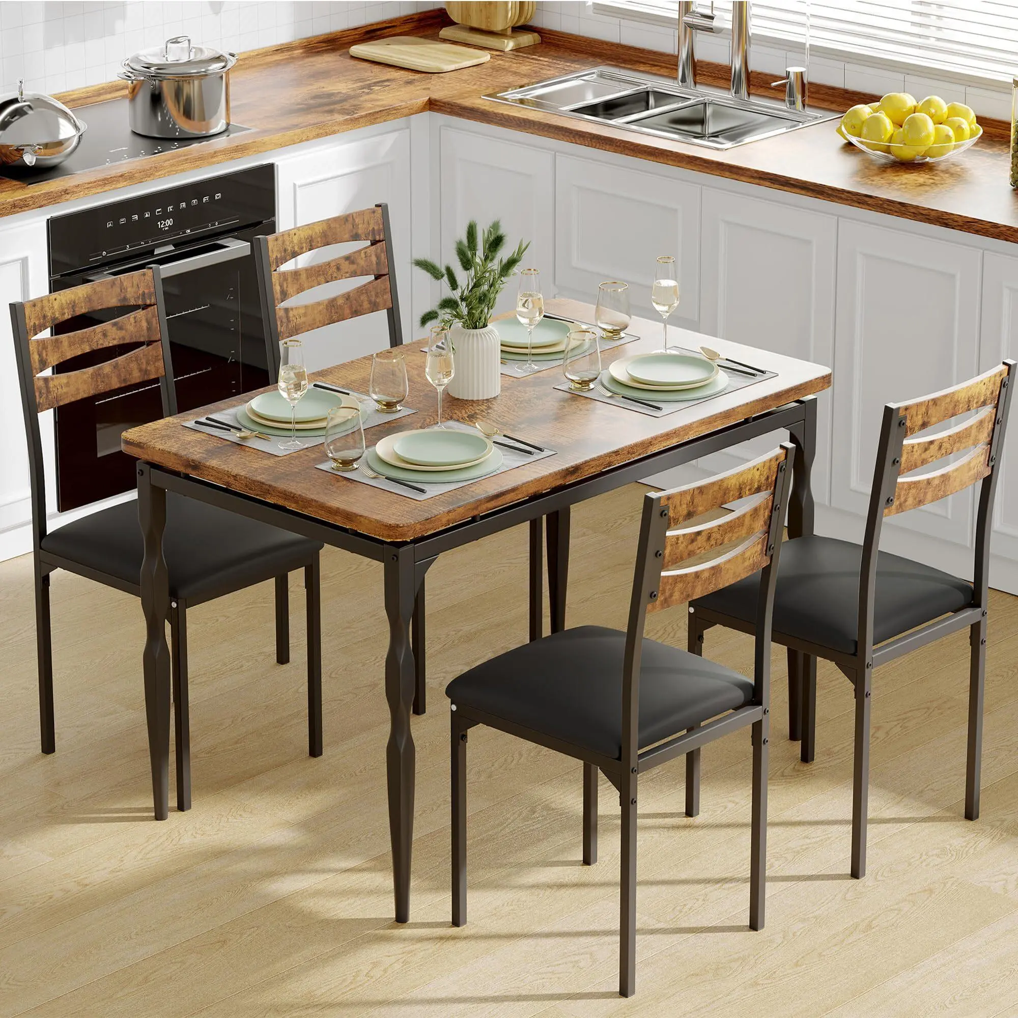 Gaomon 5-Piece Modern Ergonomic Sturdy Industrial Style Dining Set - 4-Seat Table with Brown Scratch-Resist. MDF Top, 4 Tucked Chairs, Numbered Parts for Assembly Required Apartment Kitchen,Dining Room