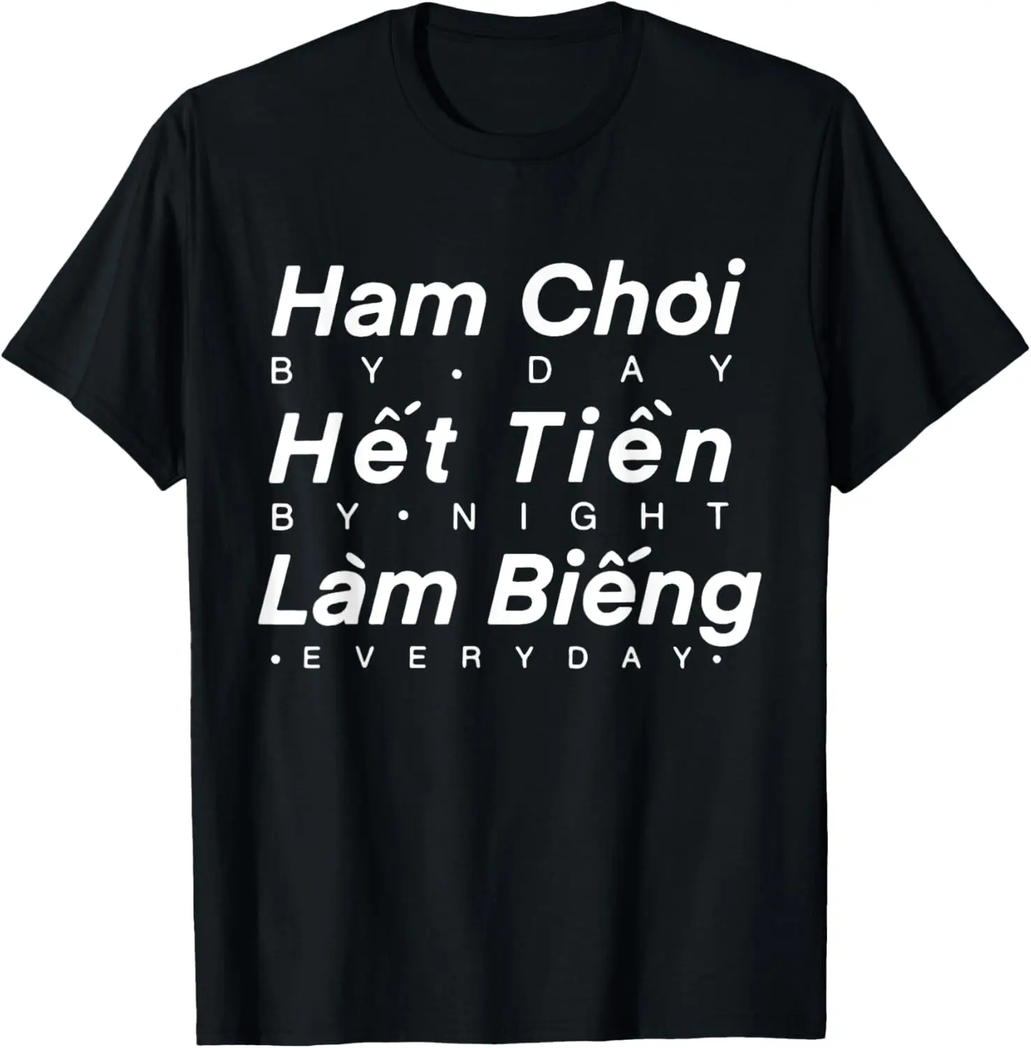 Women's Washed Distressed Graphic Print Short Sleeve Crewneck T-Shirt, Funny Vietnamese Slogan "Ham Choi Het Tien Lam Bieng", Vintage Streetwear Top, Wide Range of Sizes, Casual Everyday Wear