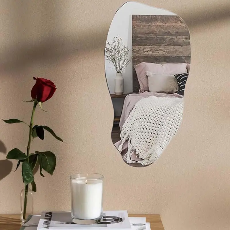 Frameless Small Irregular Wall-Mounted Hanging Mirror, 15.7x11.8 In Slender Vertical Wave Shape, Modern Bohemian Decor for Entryways & Bathrooms, Room Decor Bathroom Fixture for Home Improvement
