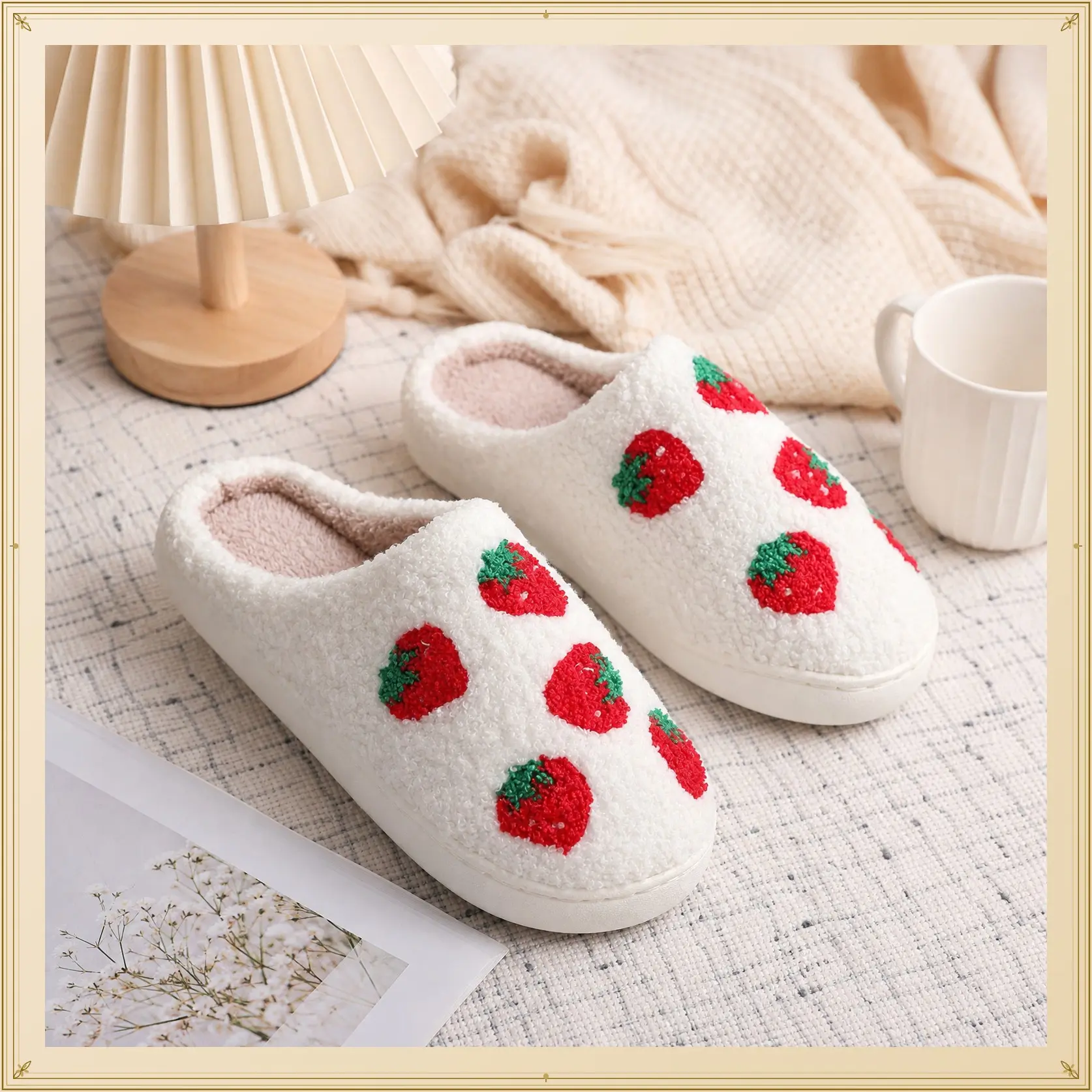 Women's and Men's Strawberry Pattern Slippers, Retro Memory Foam Cute Cartoon Plush Fluffy Warm Lined Strawberry Slippers, Indoor Home Winter Shoes