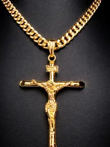 14K Gold Plated Rustic Cross 3" Upgraded Cuban 20" 24" Gold Crucifix Jewelry Gifts