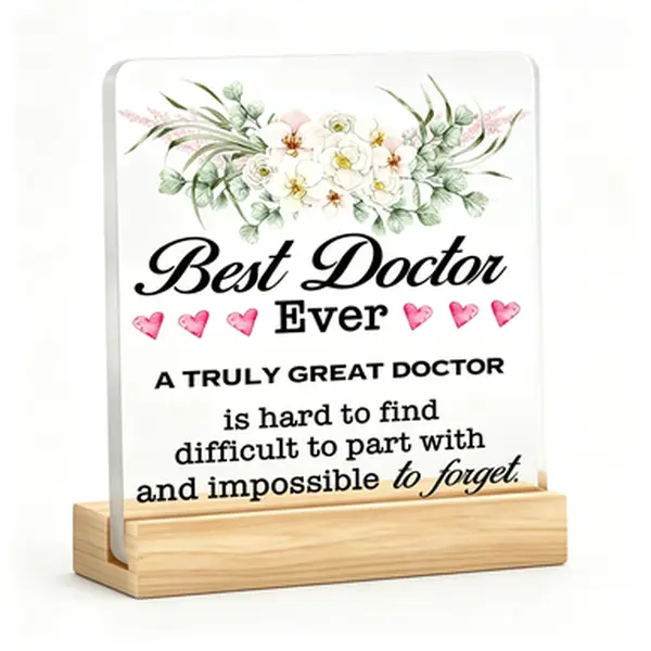 Acrylic Desk Sign with Wooden Stand, Floral Print Healthcare-Themed Speciality Plaques & Signs, Doctor Appreciation Tabletop Plaque, Thank You Gift for Medical Professionals, Retirement Christmas Office Decor