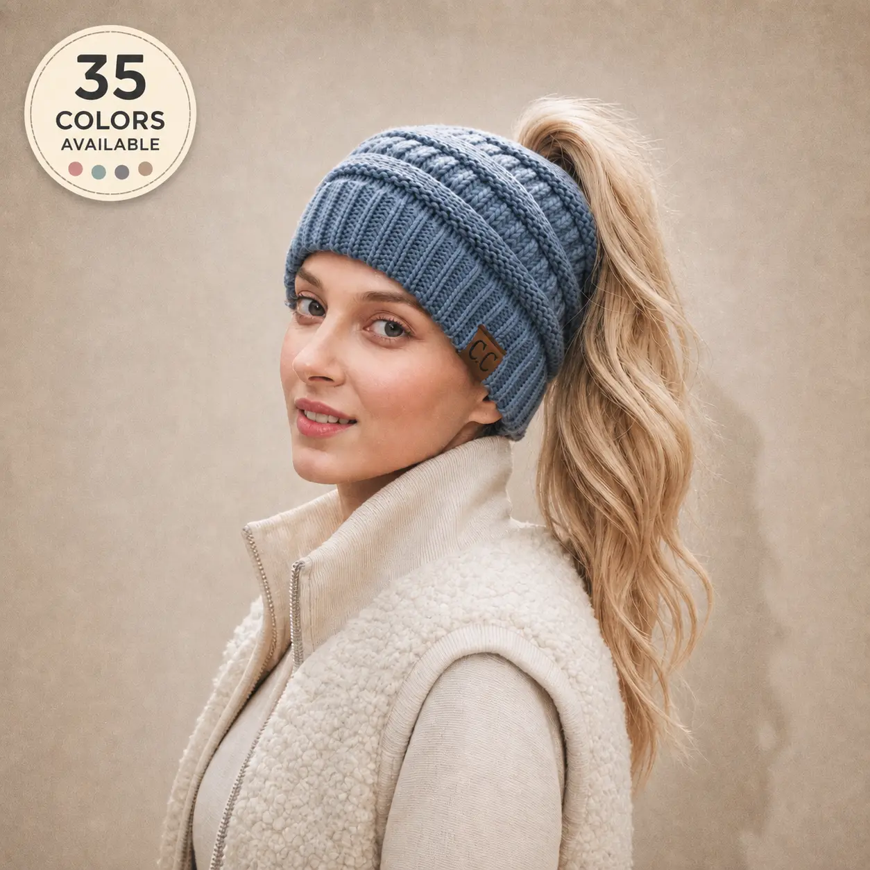 C.C Women's Ponytail Beanie – Chic & Cozy Cable Knit Hat for Winter, with Adjustable High Ponytail Opening