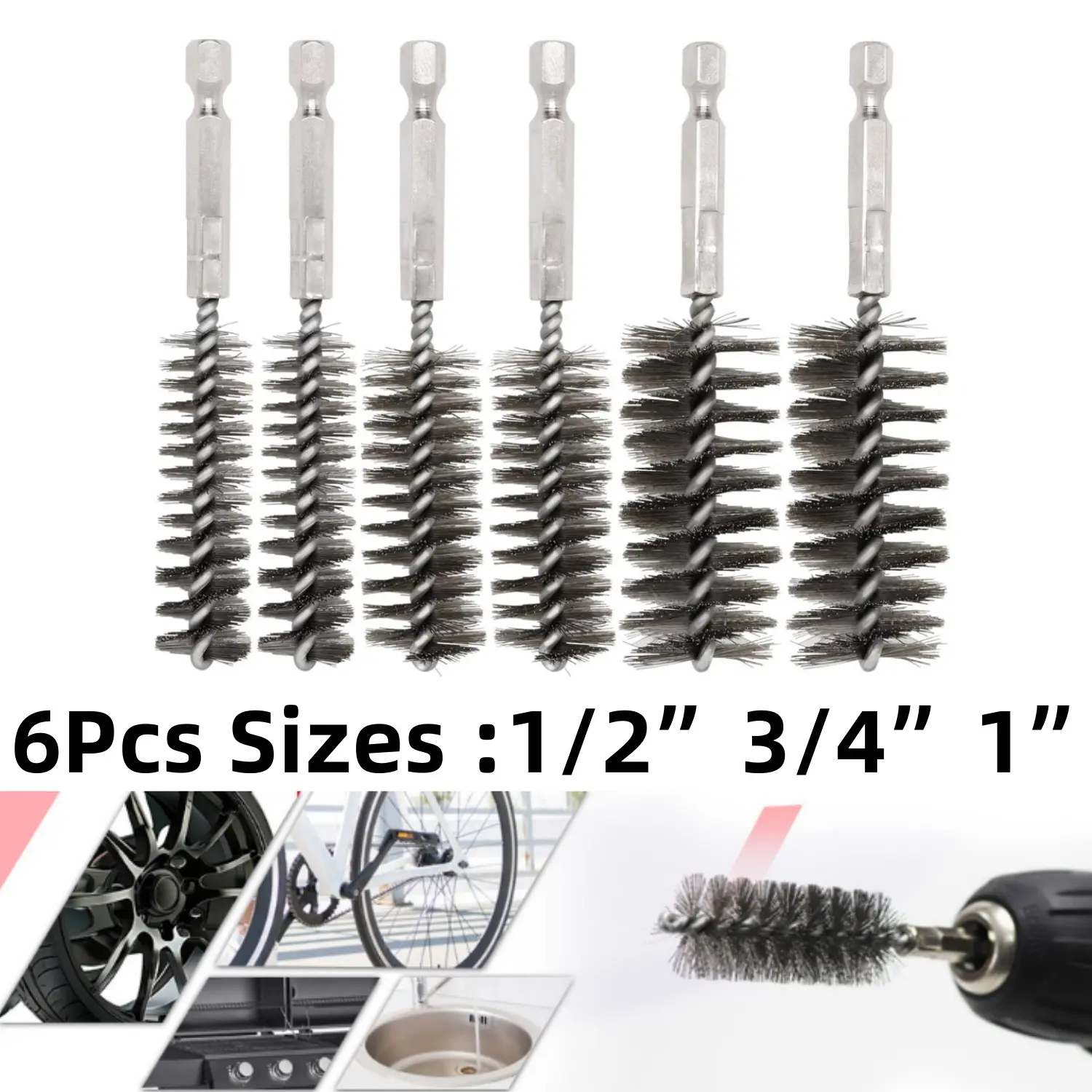 6Pcs High Quality Stainless Steel Bore Brushes with 1/4” Integrated Hexagon Shank, 1/2”-3/4”-1” Standard Drill Wire Brushes with Metal Bristles for Power Drill Impact Driver, Automotive Cleaning & Home Improvement
