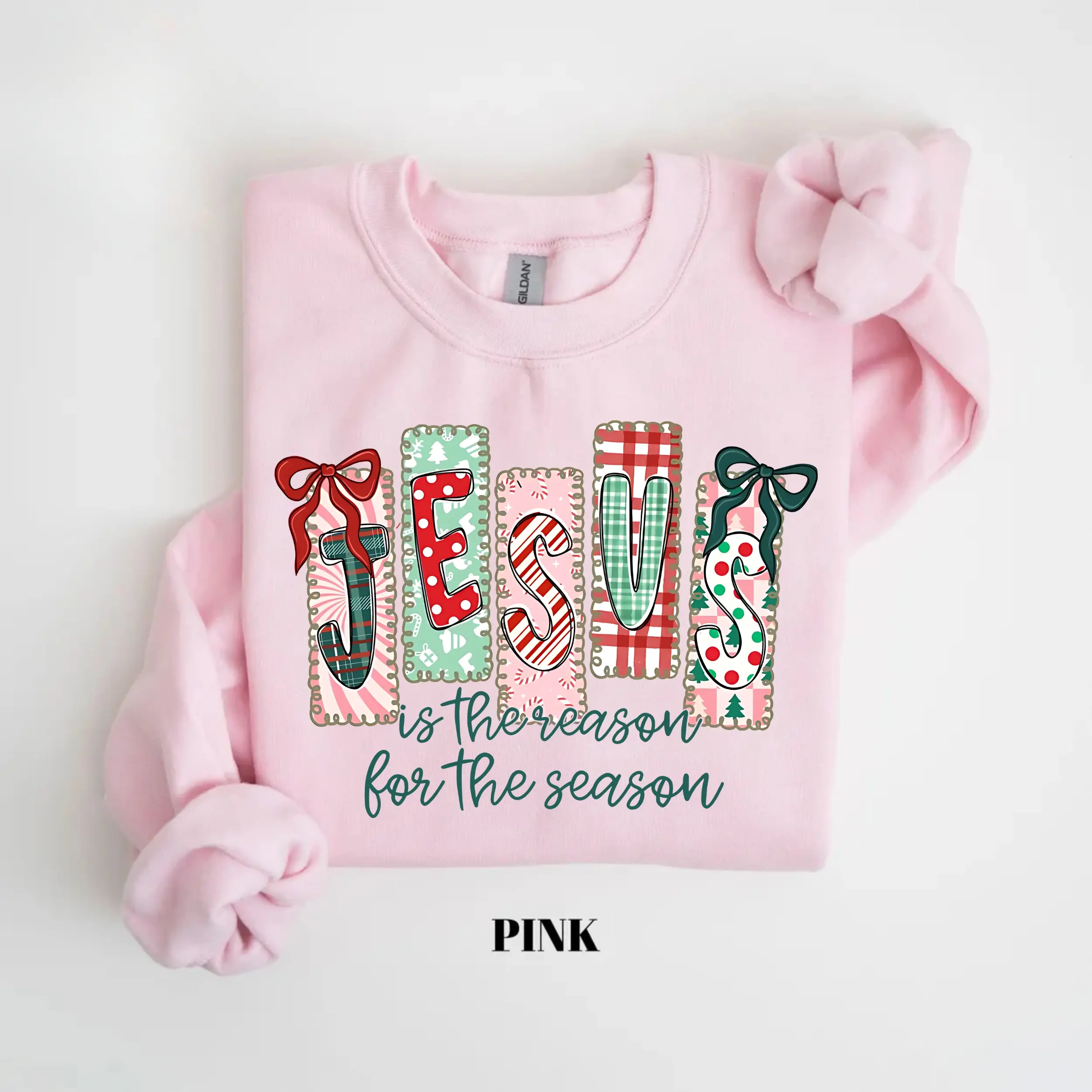 Gildan Jesus Is The Reason For The Season Sweatshirt, Coquette Christian Christmas Sweatshirt, Retro Christmas Tree Bow Sweatshirt, Faith Holiday Gift Gift for Women