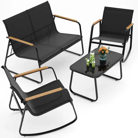 GIZOON 4-Piece Modern Patio Furniture Set, Black Textilene Conversation Set with Wooden Armrests - Metal, Sturdy, Weather-Resistant, 2 Rocking Chairs, Coffee Table, Assembly Required for Outdoor Spaces