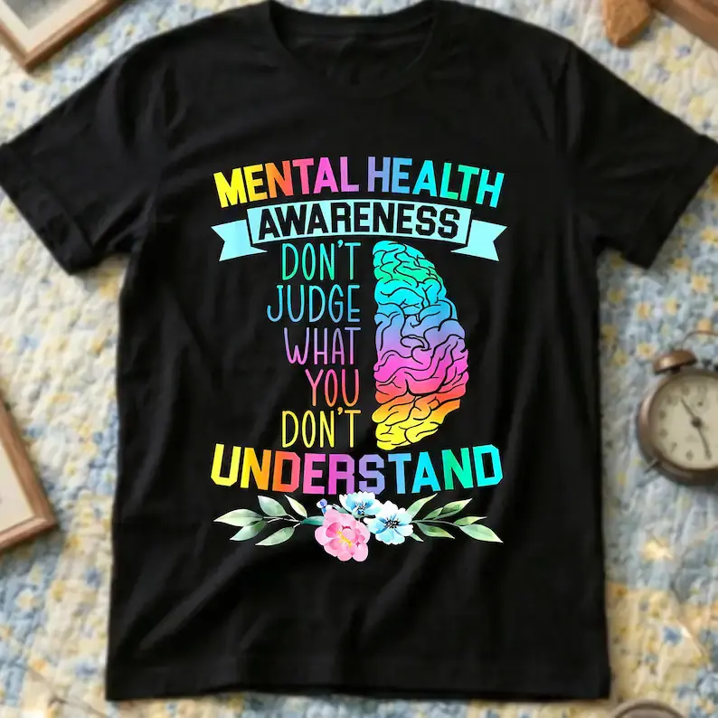 Women's Short-Sleeve Casual Fashion Printed Breathable Mental Health Tee - End the Stigma, Don't Judge What You Don't Understand, Therapy Outfit for Deep Thinkers, Shortsleeve, Cotton, Day, Everyday, Tshirt, Beach, Tops, Cute, Chic