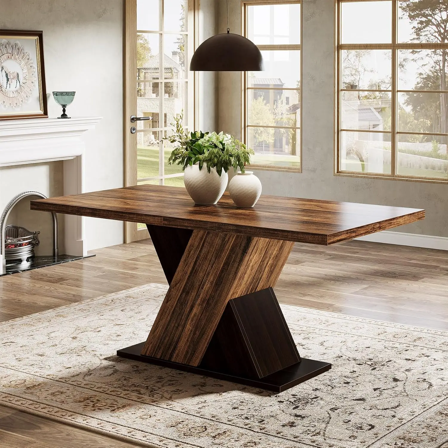 LITTLE TREE 55-Inch Farmhouse Dining Table for 4, Rectangle Dining Room Table, Rustic Brown Wooden Kitchen Dinner Table for Dining Room