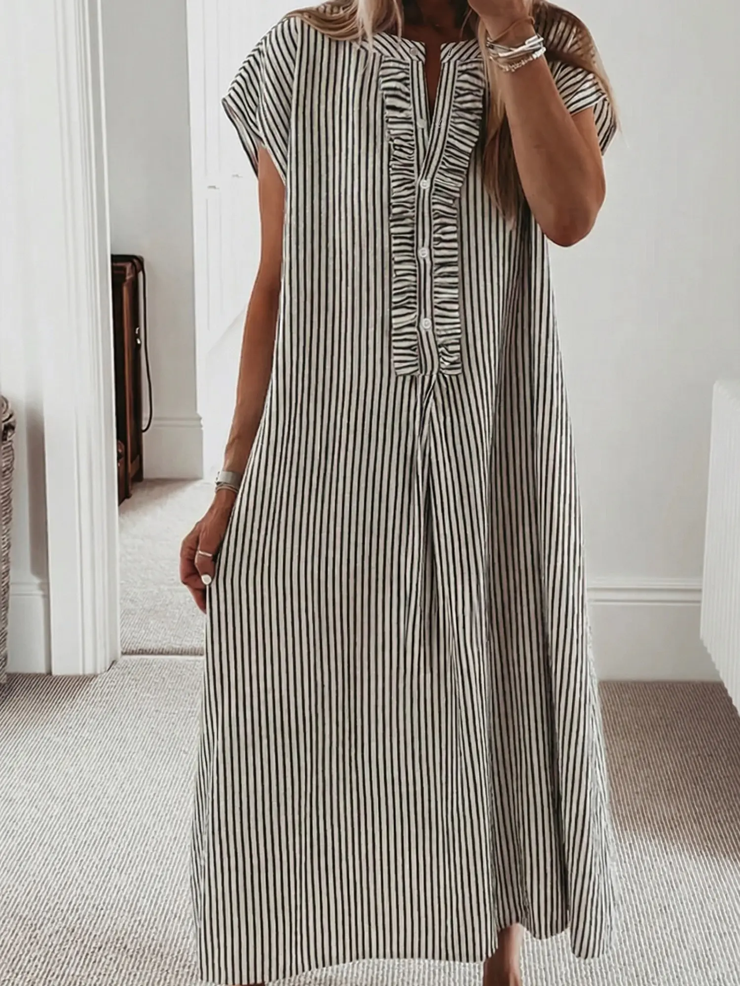 Women's Black Stripe Maxi Dress Half Button Up Frill Detail Long Dress Casual Short Sleeve Summer Shirt Dress Lightweight Flowy Button Down Striped Dresses with Pockets for Beach Vacation & Office Wear