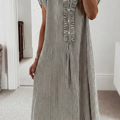 Women's Black Stripe Maxi Dress Half Button Up Frill Detail Long Dress Casual Short Sleeve Summer Shirt Dress Lightweight Flowy Button Down Striped Dresses with Pockets for Beach Vacation & Office Wear